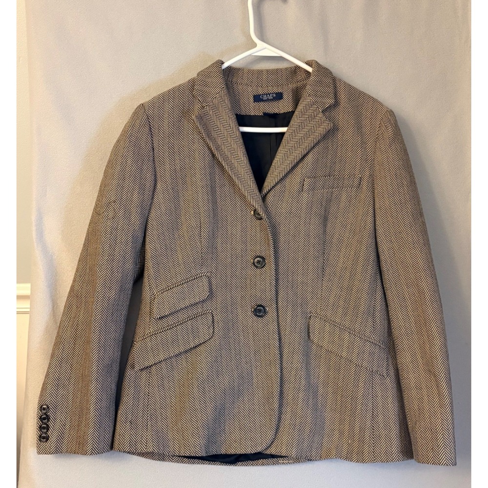 Chaps Ralph Lauren Herringbone Blazer 100% Cotton Equestrian Jacket Tan Black 14